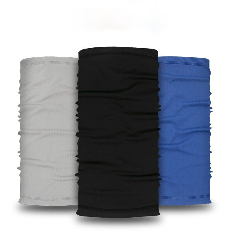 Three elastic face neck turbans in gray, black, and blue, perfect for outdoor sports activities. Unisex and stylish.
